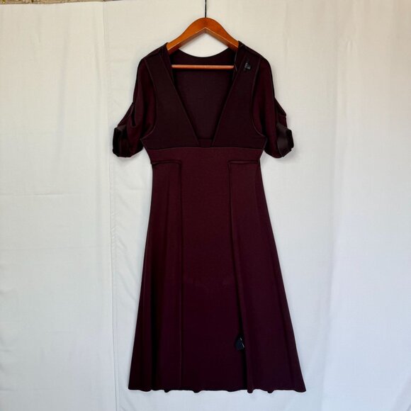 COS Chocolate Brown Ponte Knit Gathered Sleeve Open Back Midi Dress Size Large - Picture 8 of 14
